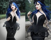 Batty Crinoline Cage Overbust Corset ~ Vampire Style Couture Gothic Outfit ~ Goth Black Wedding Corsetry Dress Halloween Witchy Ball Costume