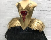 Bleeding Heart Gothic Fashion Corset Dress ~ Saint Style Haute Goth Ball Outfit ~ Feathers Halloween Wedding Gown ~ Dark Swan Couture Corset