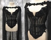 Dramatic Gothic Beaded Corset with Cape ~ Dark Couture Sheer Overbust Corset ~ Goth Black Wedding Dress Halloween Cloak Vampire Ball Costume