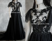 Bohemian Style Black Wedding Dress ~ Modern Witch Backless Dress ~ Wings Sleeves Gothic Bridal Gown ~ Alternative Halloween Wedding Gown