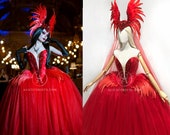 Phoenix Gothic Red Wedding Dress ~ Dramatic Fantasy Ball Gown ~ Vampire Wedding Dress ~ Halloween Feathered Corset Costume Goth Prom Dress