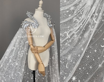 Frosen Night Sky Bridal Veil Cape Stars Moon Elven Wedding Cloak Fantasy Witchy Celestial Fairy Alternative Bridal Cover-up for Starry dress