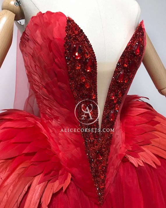 Phoenix Gothic Red Wedding Dress Dramatic Fantasy Ball Gown
