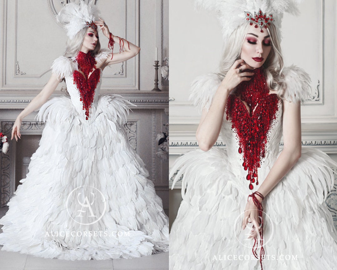 Haute Gothic Wedding Dress Feathers Gown Bloody Vampire Bridal Dress