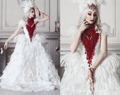 Haute Gothic Wedding Dress Feathers Gown Bloody Vampire Bridal Dress Alternative Red Wedding Dress Halloween Wedding Ball Masquerade Gown