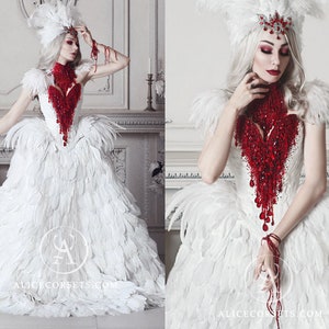 Haute Gothic Wedding Dress Feathers Gown Bloody Vampire Bridal Dress Alternative Red Wedding Dress Halloween Wedding Ball Masquerade Gown