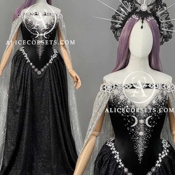 Celestial Triple Moon Goddess Corset Dress with Cape ~ Night Sky Wiccan Wedding Gown ~ Stars Elven Bridal Cloak Witchy Pagan Starry Dress