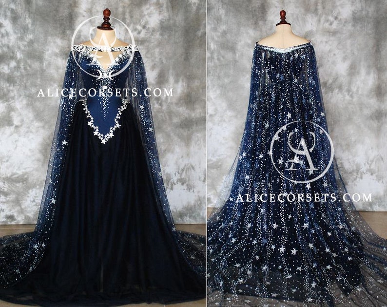 Night Goddess Elven Corset Dress Gothic Witch Wedding Gown Fairy Fantasy Bridal Dress Wicca Pagan Couture Ball Masquerade Celestial Cape image 2