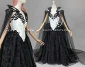 Romantic Gothic Wedding Dress with Cape Alternative Black Bridal Gown Goth Vampire Black Veil Halloween Wedding Dress and Cloak Fantasy Gown