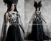 Alternative Black Wedding Dress with Cape Wings Gothic Halloween Gown Veil Modern Witch Custom Black Lace Wedding Dress Dark Goth Prom Dress