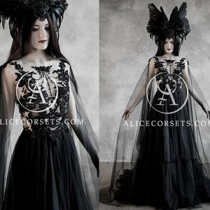 Alternative Black Wedding Dress with Cape Wings Gothic Halloween Gown Veil Modern Witch Custom Black Lace Wedding Dress Dark Goth Prom Dress