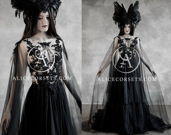 Alternative Black Wedding Dress with Cape Wings Gothic Halloween Gown Veil Modern Witch Custom Black Lace Wedding Dress Dark Goth Prom Dress