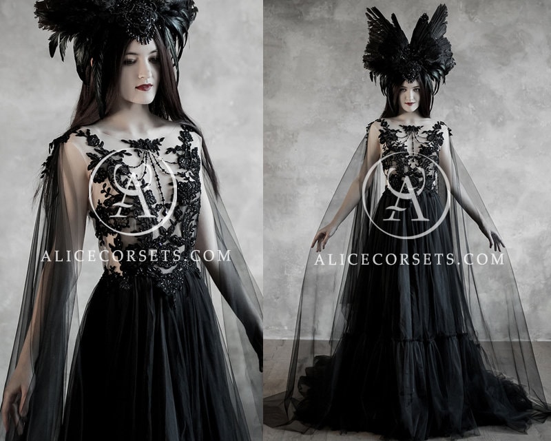 Alternative Black Wedding Dress With Cape Wings Gothic Halloween Gown Veil  Modern Witch Custom Black Lace Wedding Dress Dark Goth Prom Dress -   Israel