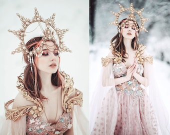 Goddess Fairytale Wedding Cape ~ Fantasy Elven Priness Bridal Dress Veil ~ Wicca Gothic Pagan Cloak ~ Celestial Stars Style Fairy Elf Outfit