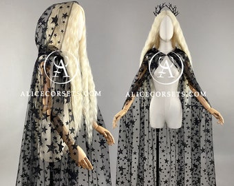 Wiccan Celestial Wedding Cape Starry Veil Stars Moon Goddess Cloak Pagan Ceremony Veil Wrap Fantasy Cloak Cover-up for Witchy Wedding Dress