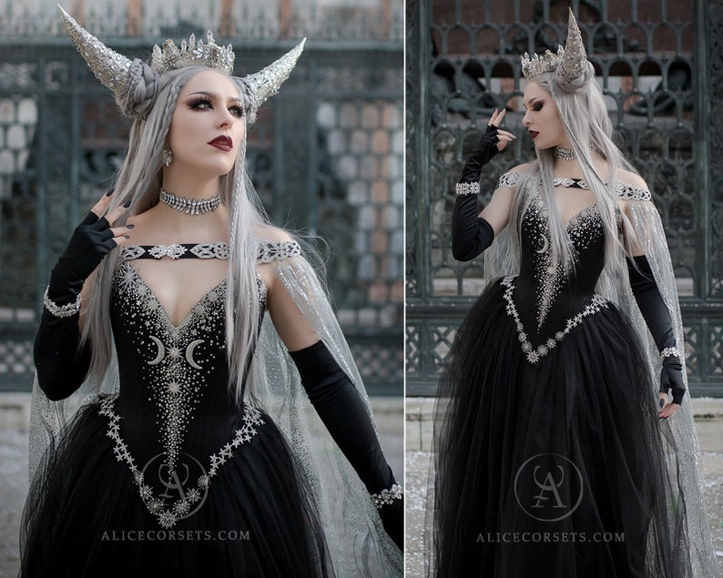 Black Silver Night Goddess Elven Corset Dress with Cape Etsy