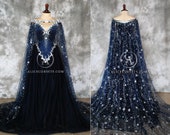 Triple Moon Celestial Bridal Gown ~ Alternative Fantasy Wedding Dress Gothic Stars Cape Wiccan Witch Ball Goth Halloween Costume Starry Veil