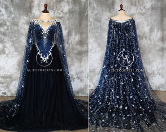 Triple Moon Celestial Bridal Gown ~ Alternative Fantasy Wedding Dress Gothic Stars Cape Wiccan Witch Ball Goth Halloween Costume Starry Veil