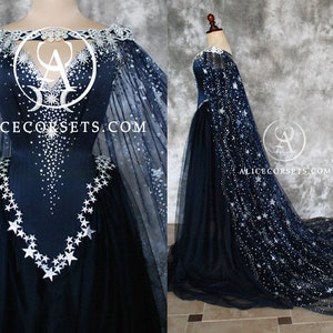 Night Goddess Elven Corset Dress Gothic Witch Wedding Gown Fairy Fantasy Bridal Dress Wicca Pagan Couture Ball Masquerade Celestial Cape image 3
