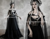 Dark Fairytale Wedding Dress with Cupped Corset Bodice Gothic Black Bridal Dress Halloween Vampire Gown & Cape Wiccan Fantasy Wedding Cloak