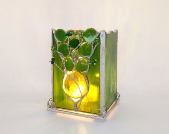 Laterne, Windlicht aus Glas mit Glasuntersetzer für Kerze handgefertigtes Unikat mit Drahtbaum aus Wiener Werkstätte Raumzierde