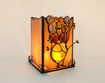 Laterne Windlicht aus Farbglas für Kerze handgefertigtes Unikat mit Drahtbaum zwei aus Wiener Werkstatt Raumzier