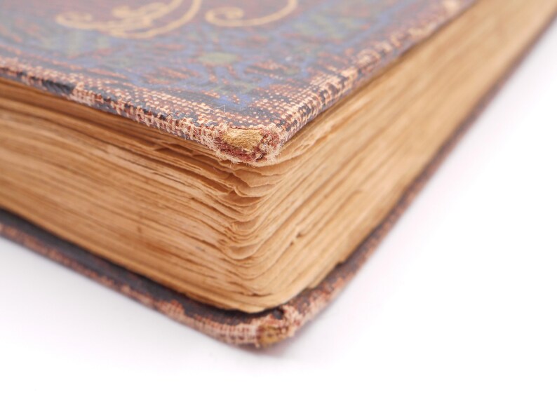 K&ouml;nnte beinhalten: Nahaufnahme des Buchr&uuml;ckens eines alten, abgenutzten Buches mit braunem Lederbezug und goldenen Verzierungen. Die Seiten sind vergilbt und die Kanten sind ausgefranst.