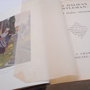 Puede incluir: Una cubierta de libro vintage con el título "N Halifax Gentleman" de Maria Mulock. La cubierta presenta una ilustración de una mujer con un vestido azul y blanco de pie en un jardín.