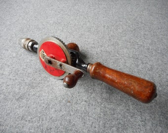 Vintage red HAND DRILL collectible tool / rusty hand drill antique retro drill G04/2313