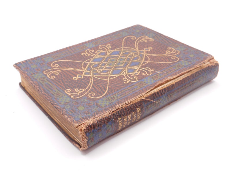 K&ouml;nnte beinhalten: Ein Vintage-Buch mit braunem Lederbezug und goldenen Verzierungen. Der Einband zeigt ein kompliziertes Design mit einem blauen und goldenen Zentrum. Der Titel des Buches lautet "Heilige des Jahrhunderts".