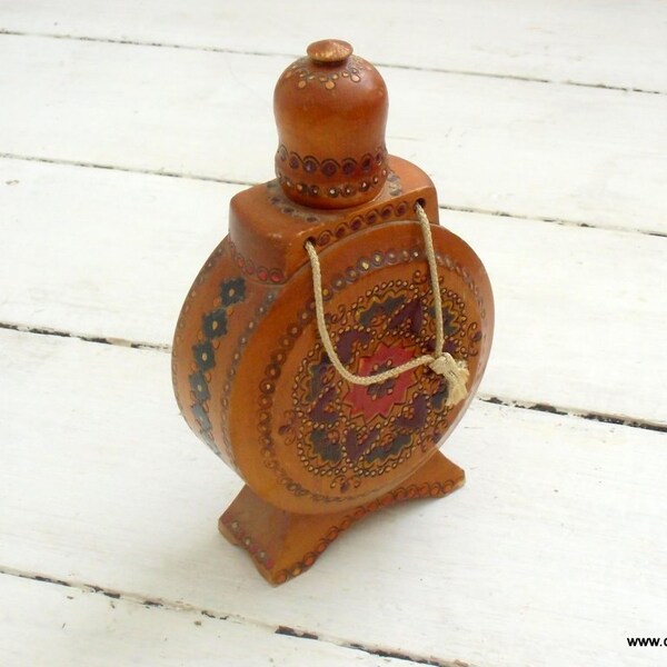 Vintage BOTTLE inside Wood Handmade decor wooden WINE flask canteen vessel bottle in carved wood vtg Bottle in Wooden carved Case E02/360