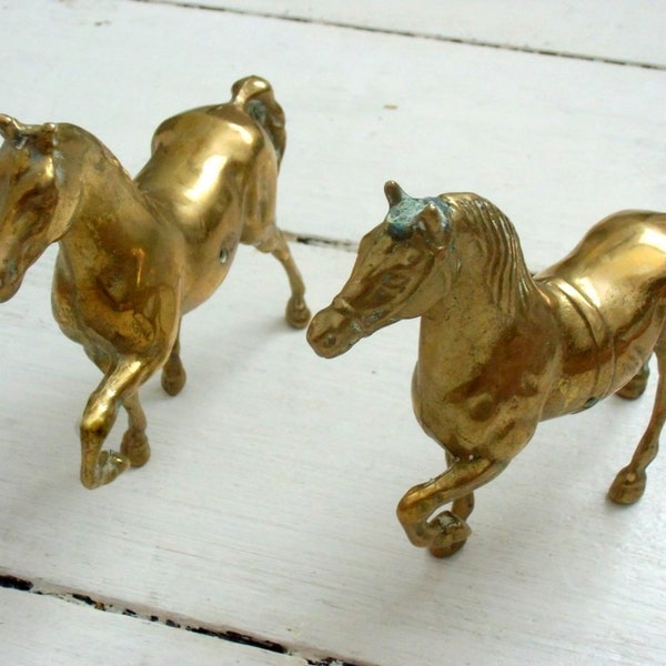 Pair of Vintage brass Horses solid brass horse brass charger metal steed vintage horse figurine paperweight brass running horse vtg C01/084