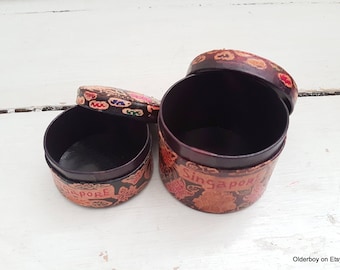 Pair of SINGAPORE round leatherette boxes jewelry box treasury box decor casket collectible box Singapore box  round box E02/1411