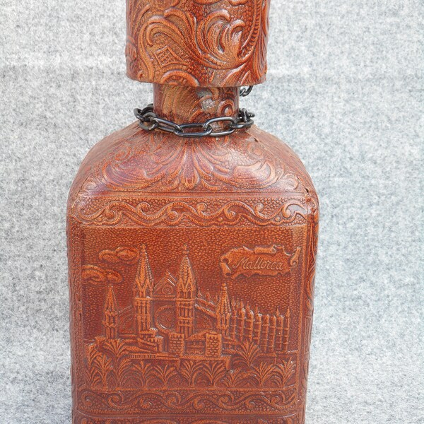 Spanish BOTTLE in leather cover / souvenir from Mallorca / Mallorca bottle flask canteen leather bottle spanish souvenir bottle T15/1998