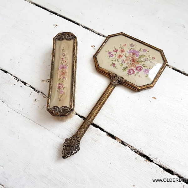 Vtg Embroidered Hair Set rare rectangular mirror with brush ornament Vanity set Vintage Mirror Brush Vintage Hair brush embroidered C01/642