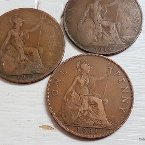 Old PENNYs 1918, 1919, 1931 collectible coins pence one penny  D10/1029/B