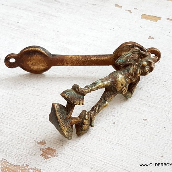 1800s vtg little PIXIE exit door KNOCKER brass antique rusty Door KNOCKER pixie devil shape old metal knocker vintage pixie K07/824