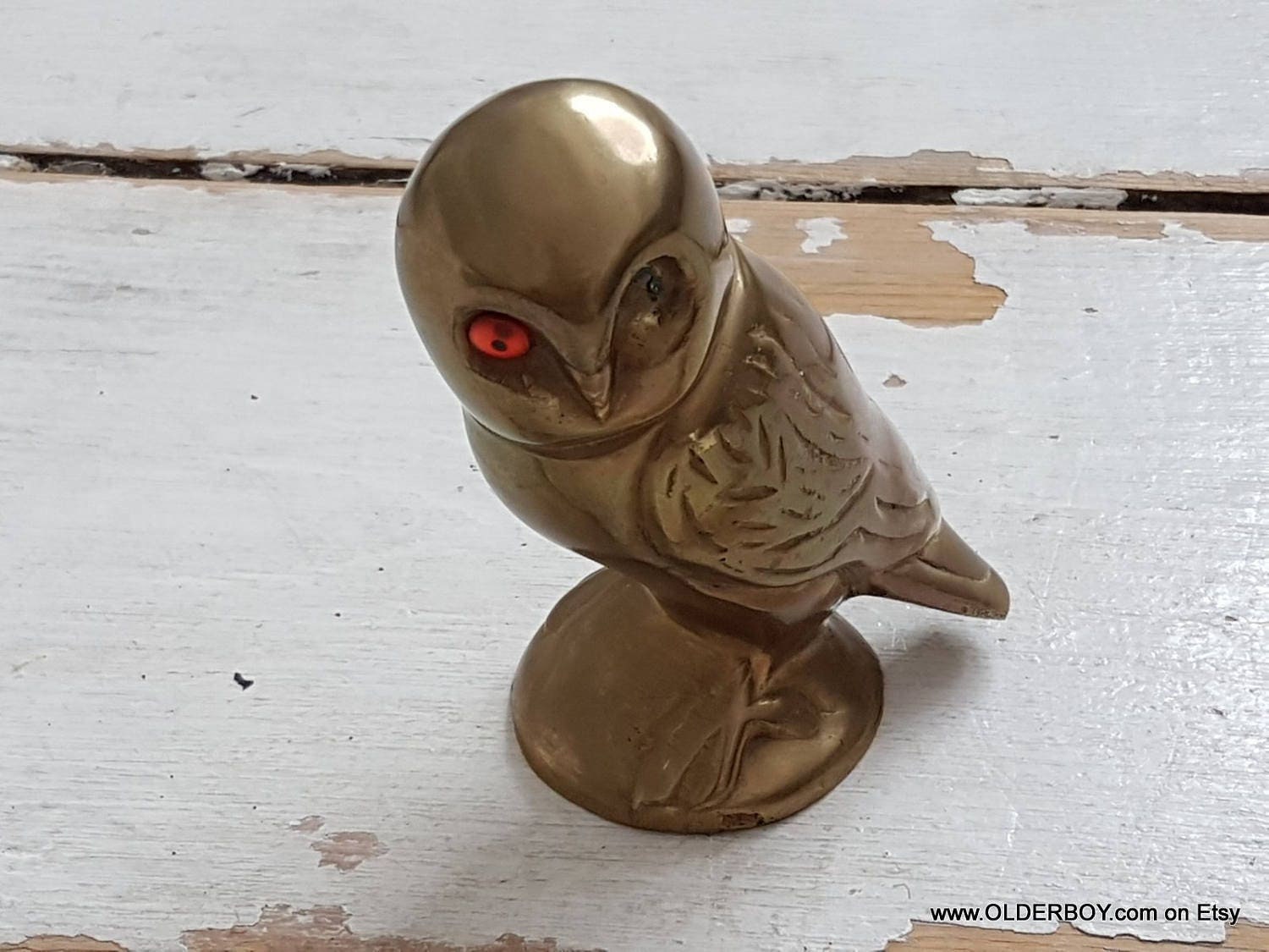 Vintage Brass Owl Figurine: Demonic Decor with Red Eye
