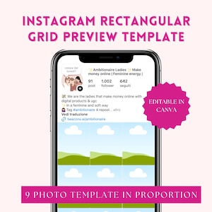 Puede incluir: Una pantalla de teléfono inteligente muestra una plantilla de vista previa de cuadrícula de Instagram. La pantalla muestra un perfil de Instagram simulado con una foto de perfil, el recuento de seguidores y una cuadrícula de publicaciones. El texto en la parte superior dice "INSTAGRAM RECTANGULAR GRID PREVIEW TEMPLATE". Un gráfico de estrella rosa dice "EDITABLE IN CANVA".