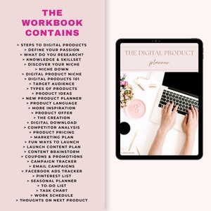 以下が含まれることがあります： 表紙に「THE DIGITAL PRODUCT planner」というテキストが書かれたピンクと白のデジタルプランナー。プランナーは、デジタル製品を作成するための手順のリストが書かれたページを開いています。画像は、キーボードをタイプしている人の手とラップトップを示しています。