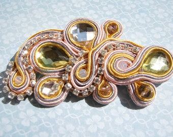 Yellow Rhinestone brooch Sparkly brooch Crystal brooch Buckle brooch Dress brooch applique Soutache brooch Valentine's day gift for mother