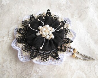 res d iuliano Pearl brooch Black White brooch Flower brooch Brooch pin Large brooch Boho Brooch Black Lace brooch Mother gift for her