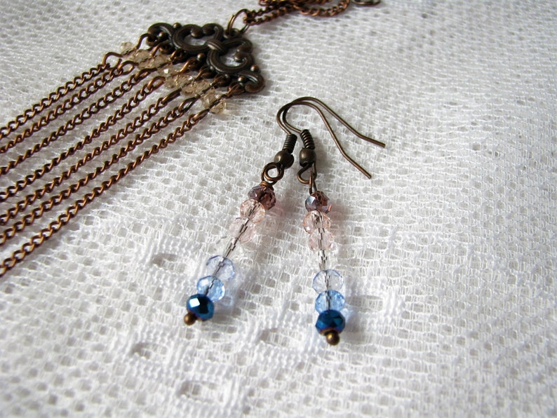 Colorful jewelry set Daughter gift for her Crystal necklace Unusual jewelry Crystal Earrings Long necklace Purple Pink Blue jewelry set