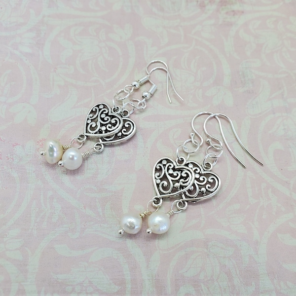 Heart earrings Pearl earrings Filigree earrings Sterling silver earrings Minimalist earrings Romantic earrings Girl gift for women