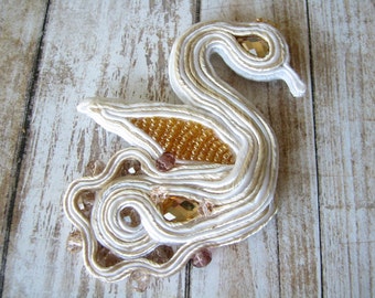 Brooch Bird brooch Gift for girl Original brooch Swan brooch Soutache brooch Bird jewelry Swarovski Mother gift White brooch Beaded brooch