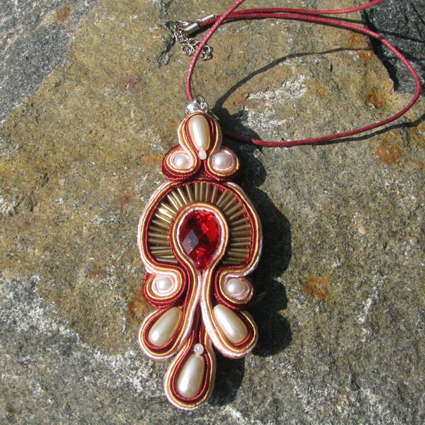 Celtic pendant Soutache Pendant Soutache jewelry Gold and Red Gift Elegant Necklace Pendant Soutache necklace Valentines gift for her gift