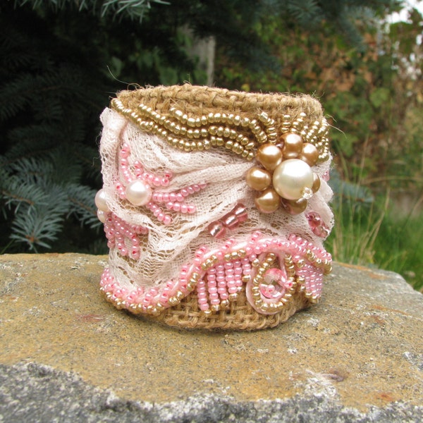 Bracelet, Burlap bracelet, Lace bracelets, Bracelet with lace, Handmade bracelet, Gift, Cuff Bracelet,Shabby Bracelet, Wrist accessory, Pink