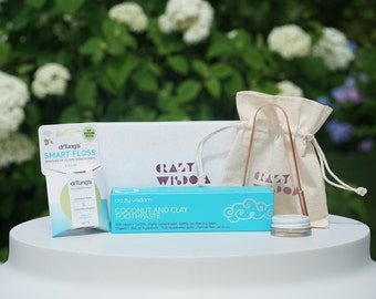 Healthy mouth gift set / Coconut and clay toothpaste / Smart floss / Copper tongue cleaner / Discounted set