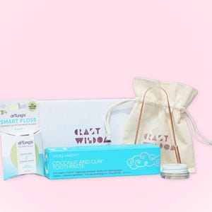 Gesunder Mund Geschenk-Set / Kokosnuss und Ton Zahnpasta / Smart Floss / Kupfer Zungenreiniger / Set zu einem reduzierten Preis
