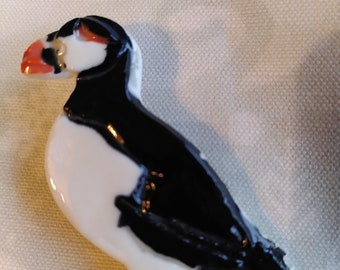 Porcelain puffin brooch